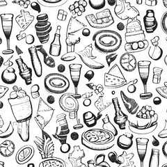 Food and drink element in trendy psychedelic style seamless vector pattern