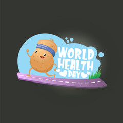 World health care day vector illustration with cartoon funky potato character running or jogging outdoor. Cute sporty healthy vegetable character making cardio sport exercise. Fitness cardio concept
