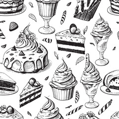 Ice cream cake elements in trendy psychedelic style seamless vector pattern