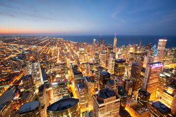 Fototapeta premium Chicago, Illinois USA aerial skyline towards Lake Michigan just after sunset.