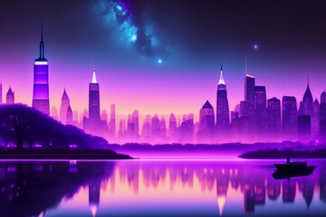 Fototapeta na wymiar Beutiful roxo noite estrelada, arte conceitual, 4 k, poeira leve, cidade de Nova York , ilustração