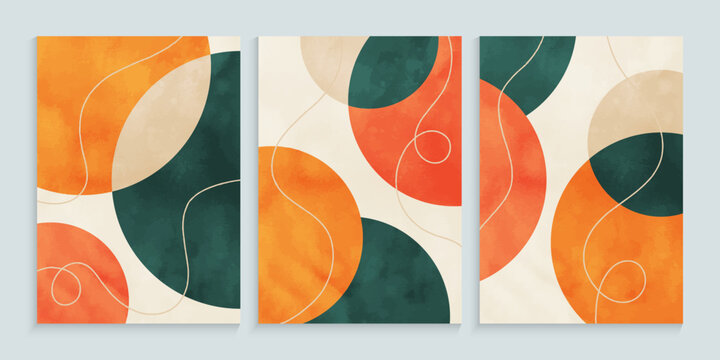 Orange watercolor background with minimalist shapes hand drawn
