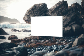  Blank billboard transparent mock up, png.  Background With Unfocused Ocean Waves Crashing. Generative AI