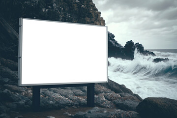  Blank billboard transparent mock up, png.  Background With Unfocused Ocean Waves Crashing. Generative AI