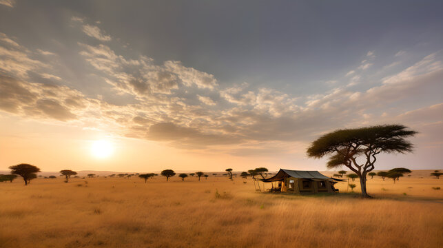 African plains at sunset generative ai