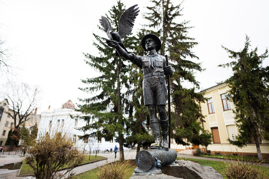 Ivano-Frankivsk, Ukraine - March, 2023: Monument of National Scout Organization Plast.