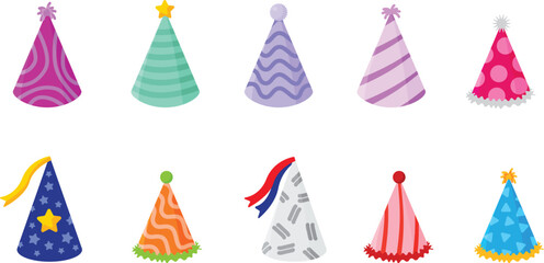 Colorful birthday party cone hats set with cute decoration and pattern isolated on white background