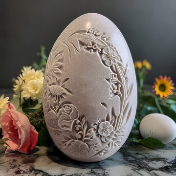 EI in grau aus Stein gemei&szlig;elt mit Blumen Motiv, KI generiert