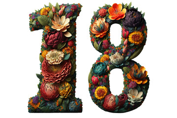 18 png, numbers 18, flowers, transparent background - Isolated, 18 birthday, generative ai
