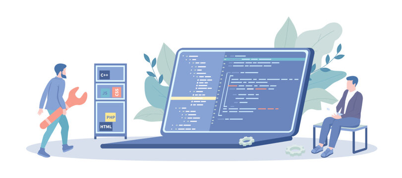 Programming Software. Developer team working with programming code on laptop. Backend development concept. Vector illustration with character situation for web.