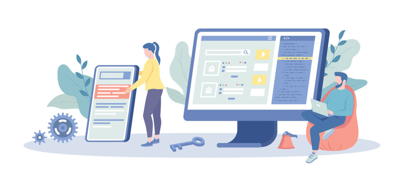 Search Engine Optimization Analysis Concept. Change SEO ranking position, selects keywords and optimizes site. Vector illustration with character situation for web.