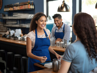 Fototapeta premium Smiling female waitress in blue aprons take order and talk to the clients , Generative AI