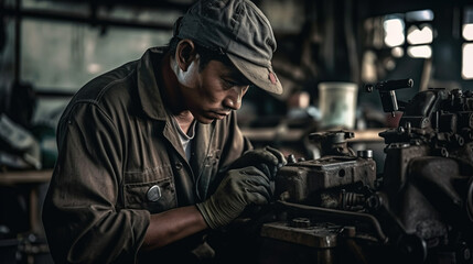 Obraz premium A asian man working on a piece of metal, Generative AI