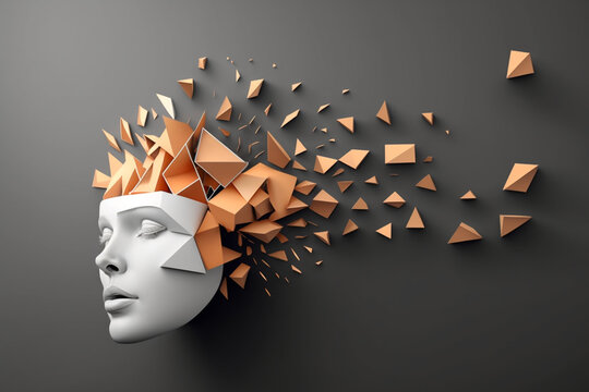 Woman's head on the wall with exploding geometric shapes flying in different directions, Generative AI	