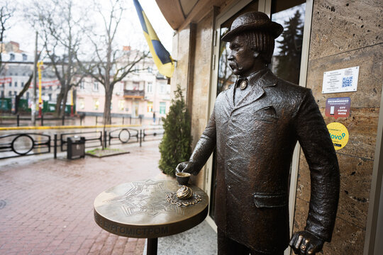 Ivano-Frankivsk, Ukraine - March, 2023: Coffee with burgomaster monument.