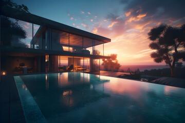 Fototapeta na wymiar Modern luxury villa with swimming pool at sunset - Generative AI