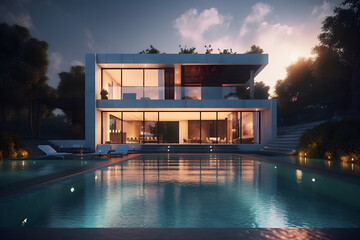 Modern luxury villa with swimming pool at sunset - Generative AI - obrazy, fototapety, plakaty