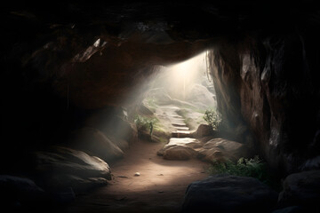Dark stone cave with way outside into the light - Generative AI