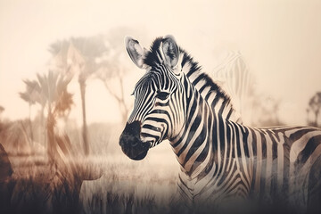 Fototapeta na wymiar Double exposure of zebra and african savannah - Generative AI