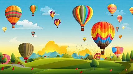 Fototapeta premium Illustration of hot air balloon festival banner. Generative AI