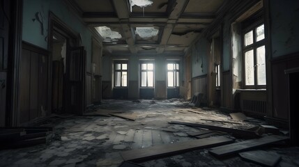 3D CG rendering of an Abandoned building. High-resolution image.