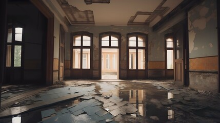 3d rendering of old building interior with windows and floor reflection.
