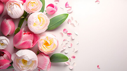 easter eggs and tulips flower wooden background with blank space, Generated ai