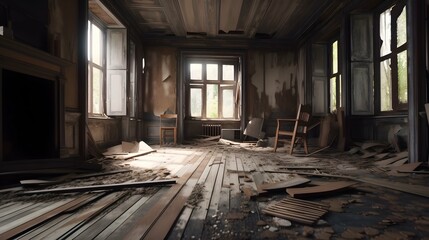 Fototapeta na wymiar 3D rendering of an old room with a broken window and chair