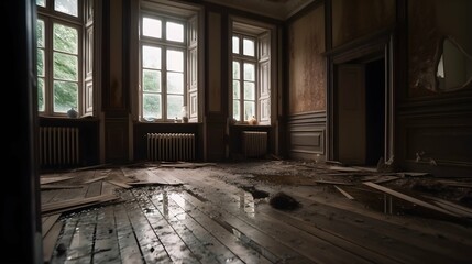 Fototapeta na wymiar Interior of an old mansion with broken windows and dirty floors.