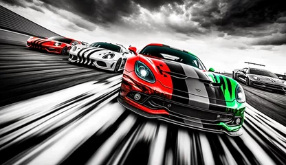 Gordijnen abstract speed motion with clouds background, car racing in track, green and red card,  © Mr. Muzammil