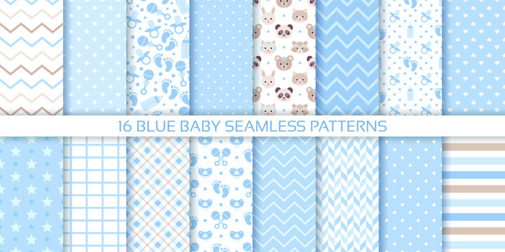 Baby shower background. Blue scrapbook seamless patterns. Set cute prints with polka dots, stripes, zigzag, baby stuff. Retro pastel texture. Geometric childish wrapping backdrop. Vector illustration