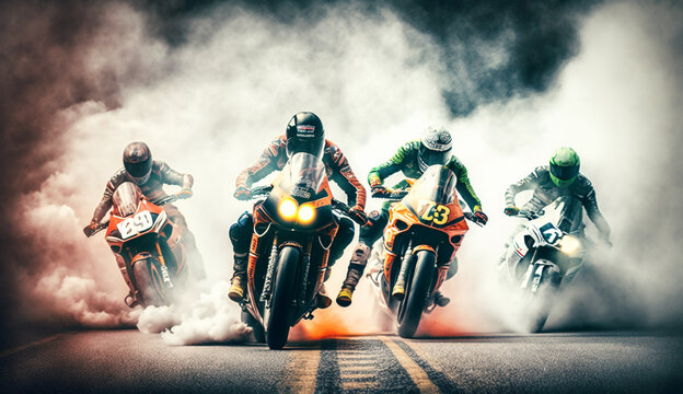 Sports bikes racing in track smoke background, Generated AI