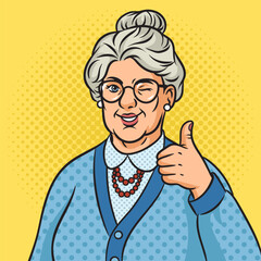 Old granny winking with thumbs up pinup pop art retro vector illustration. Comic book style imitation.