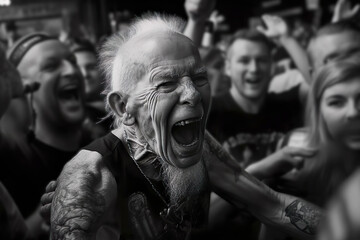 Obraz premium AI illustration of an elderly man among the young people cheering at the concert