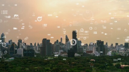 Business data analytic interface fly over smart city showing alteration future of business intelligence. Computer software and artificial intelligence are used to analyze big data for strategic plan .