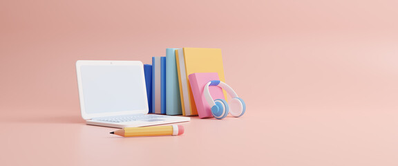 Laptop computer books and pencil with wireless headphones on background. E-learning education, internet lessons and online webinar concept. Digital online education application. 3d rendering