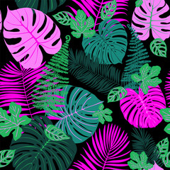 Green and pink tropical trendy leaves and flowers. Black background graphic plants. Pattern black