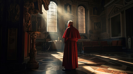 A cardinal in a christian church looking through the window, volumetric lights, generative AI