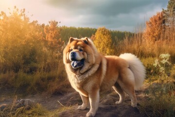 Cute Chow Chow Dog Standing in Forest at Sunset