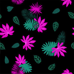 Fototapeta na wymiar Green and pink tropical trendy leaves and flowers. Black background graphic plants. Pattern black