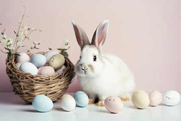 Naklejka na ściany i meble Happy Easter bunny with many pastel color Easter eggs. Generative AI.