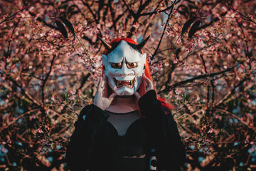 hannya mask in sakura's, japanese art  Japanese demon 