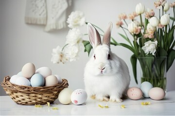 Naklejka na ściany i meble Happy Easter bunny with many pastel color Easter eggs. Generative AI.
