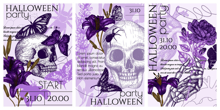 Set of 3 vector Halloween party invitations in engraving style. Graphic skull, flowers, skeletal hand, butterflies, spiders, heart
