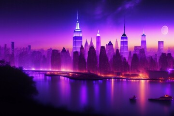 Fototapeta na wymiar Beutiful purple stary night, concept art, 4 k, light dust, new york city, illustration