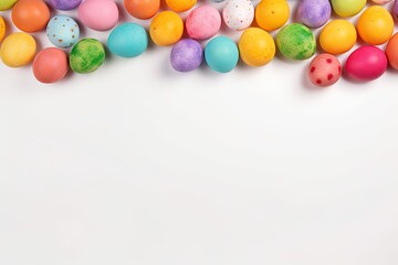 Fototapeta na wymiar Pastel Easter eggs on white background top view. Generative AI.