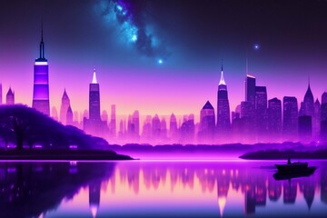 Fototapeta na wymiar Beutiful purple stary night, concept art, 4 k, light dust, new york city, illustration