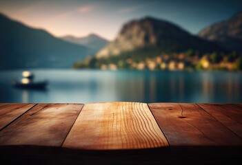 Empty Wooden Table Top with Blurred Lakeside Cafe on Italian Lake at Sunset. Vacation concept for mounting your product. Generative AI.