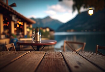 Empty Wooden Table Top with Blurred Lakeside Cafe on Italian Lake at Sunset. Vacation concept for mounting your product. Generative AI.