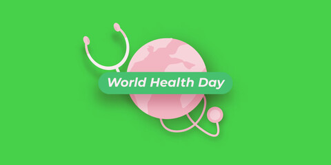 world health day green concept banner with heart, earth globe and stethoscope.